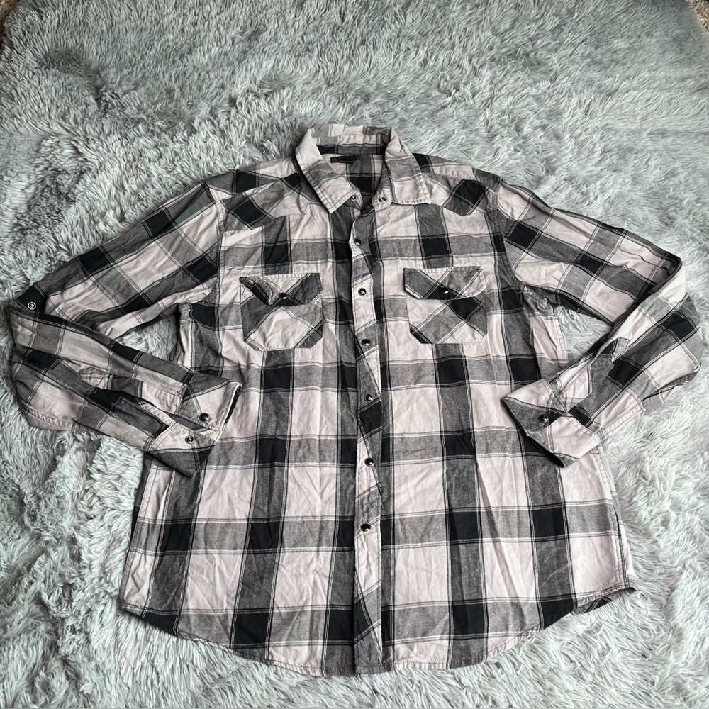 Helix Shirt Mens Xl Pearl Snap Long Sleeve Plaid Gray Black Pockets